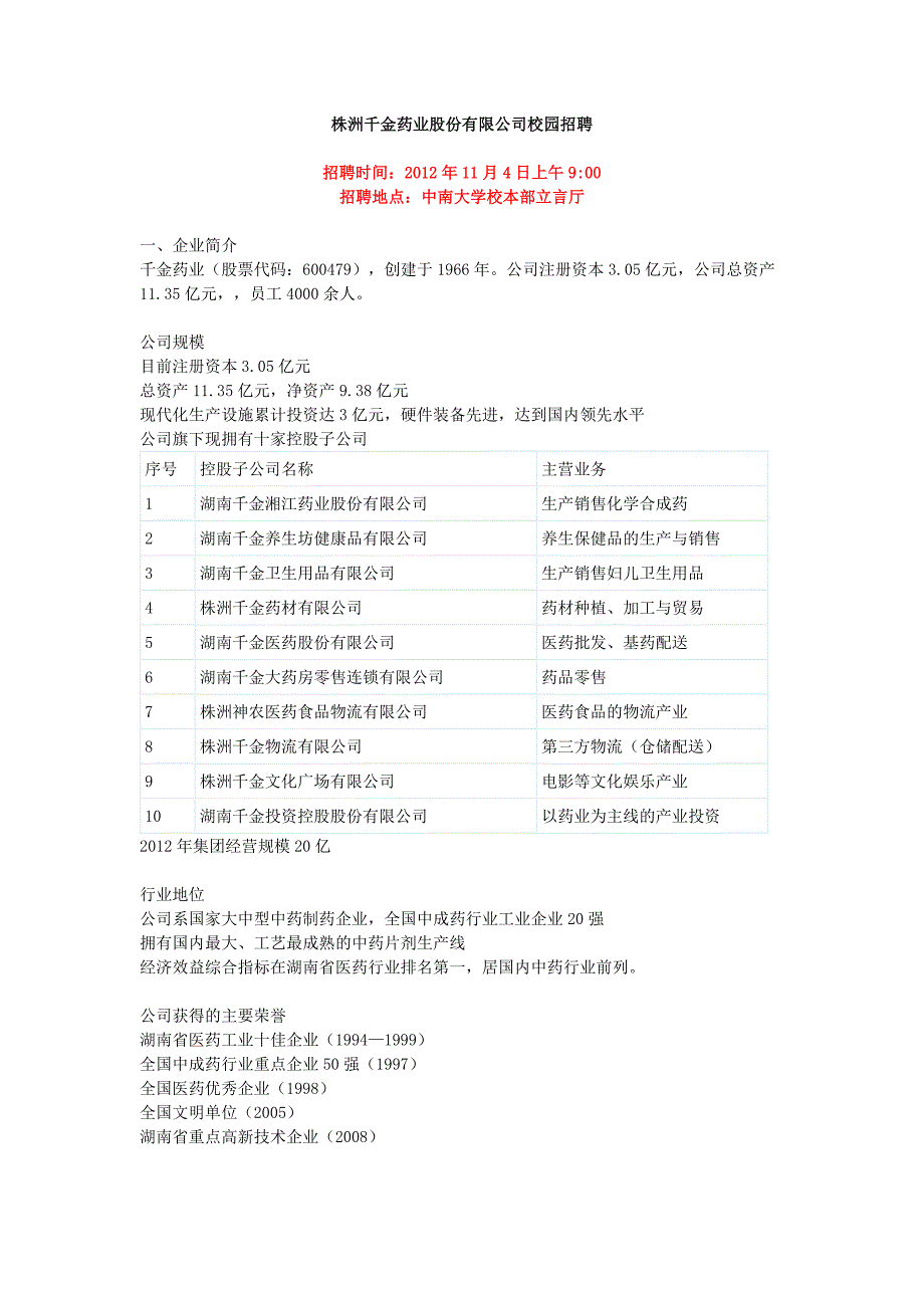 株洲千金药业股份有限公司校园招聘_第1页