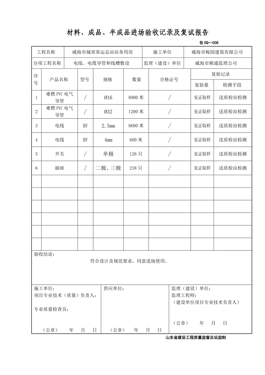 鲁dq—008材料、成品、半成品进场验收记录_第1页