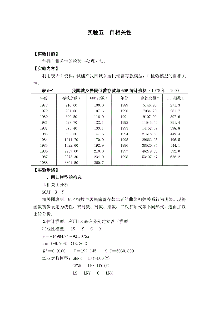 计量经济学实验教学案例实验五 自相关性_第1页