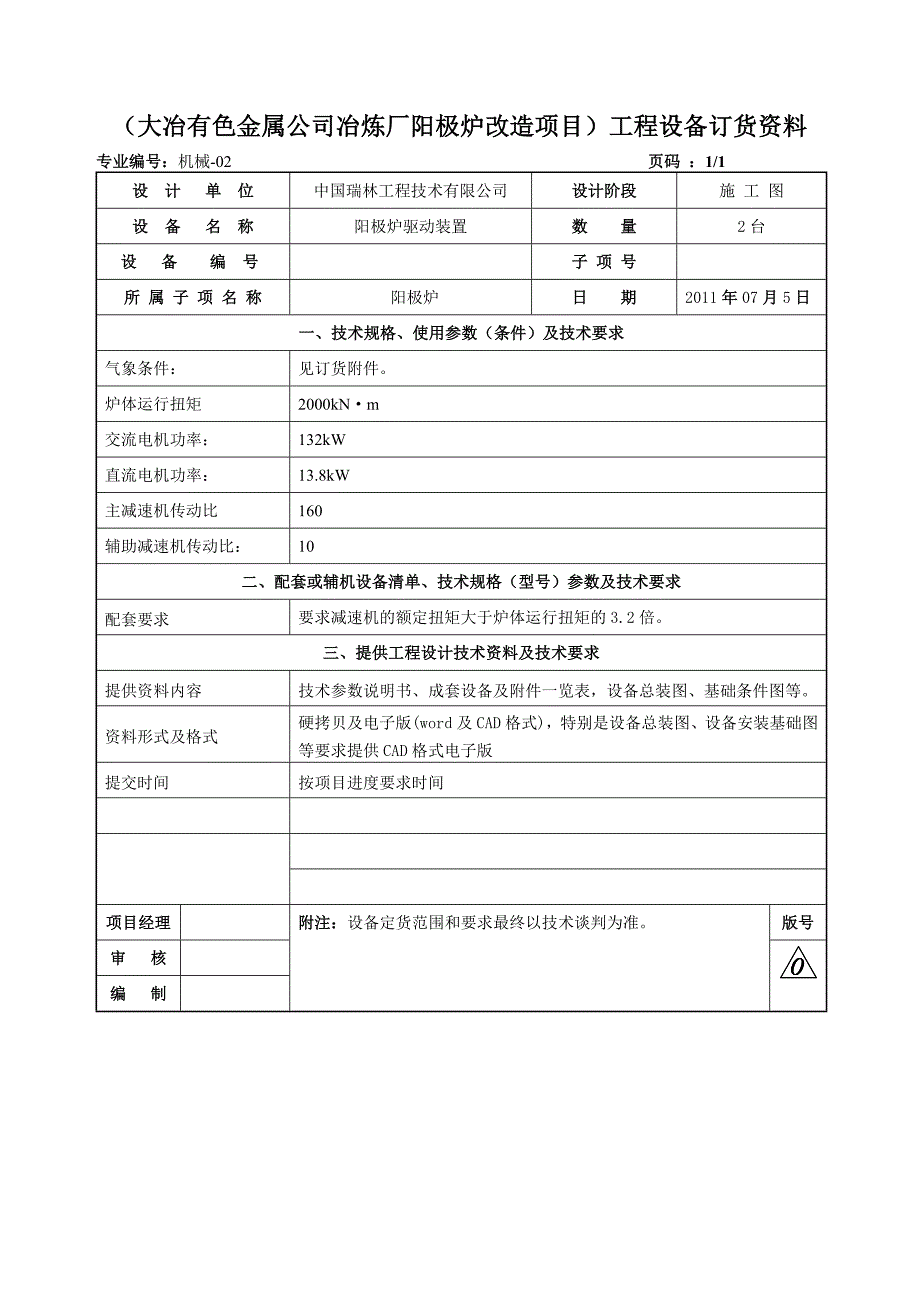 阳极炉驱动装置订货表_第1页