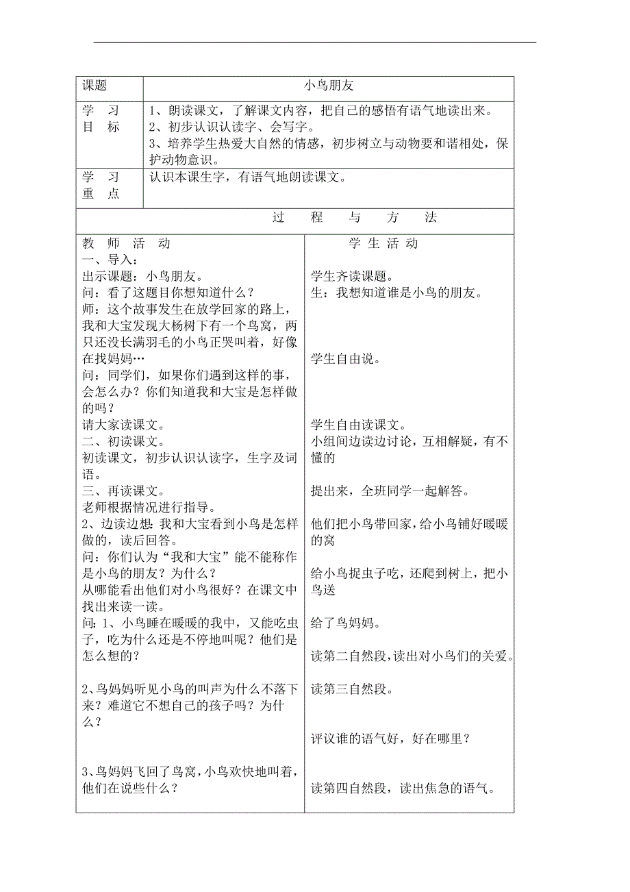 （语文A版）一年级语文下册教案 小鸟朋友 2_第1页