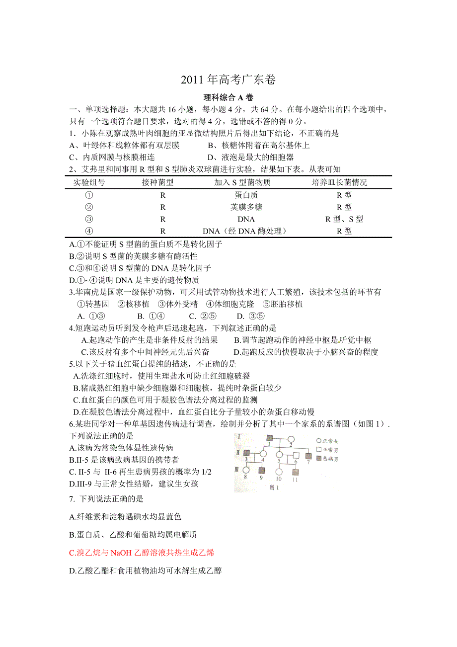 2011年广东高考理科综合(word版)_第1页