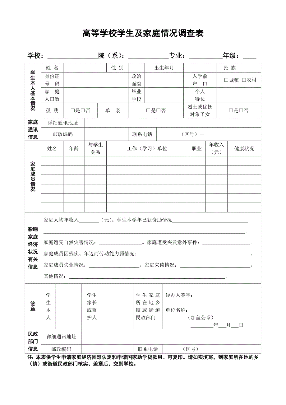 高等学校学生及家庭情况调查表高等学校国家助学金高等学校家庭经济困难学生认定申请表_第1页