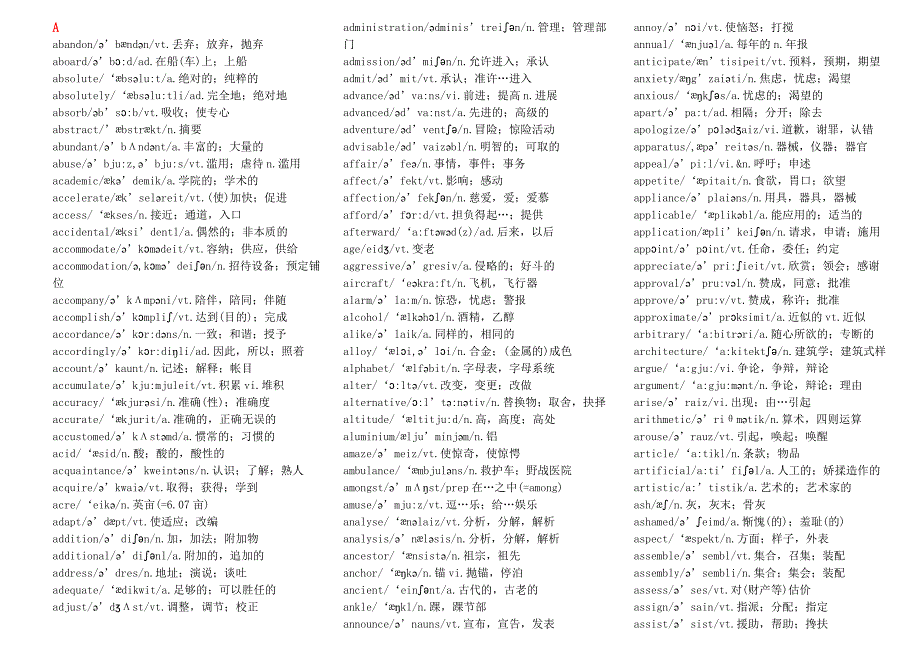 2013英语四级词汇表(音标版_适合打印)_第1页