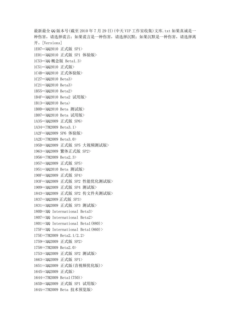 最新最全qq版本号(截至2010年7月29日)(中天vip工作室收集)文库_第1页