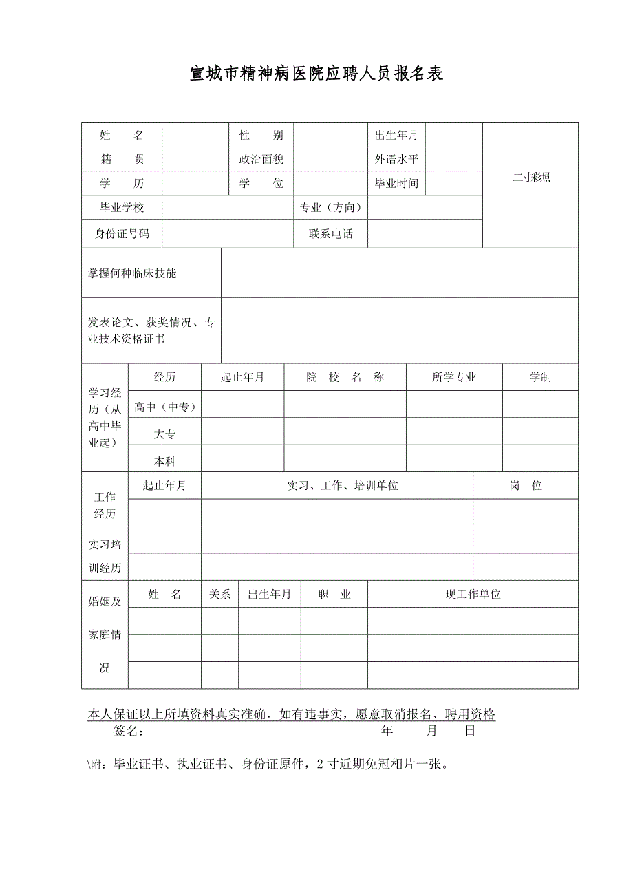 宣城市精神病医院应聘人员报名表_第1页