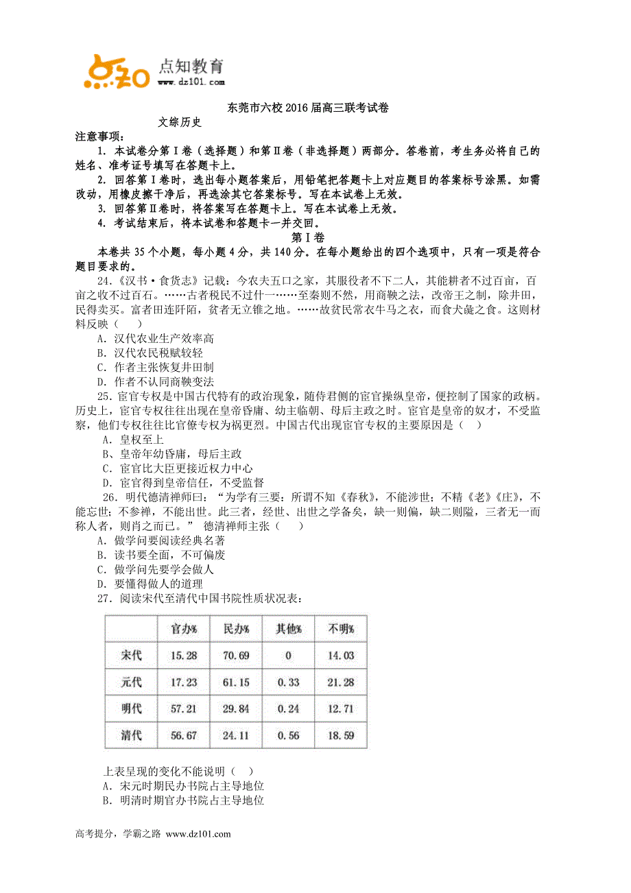 广东省东莞市六校2016届高三上学期联考  历史(word版)_第1页