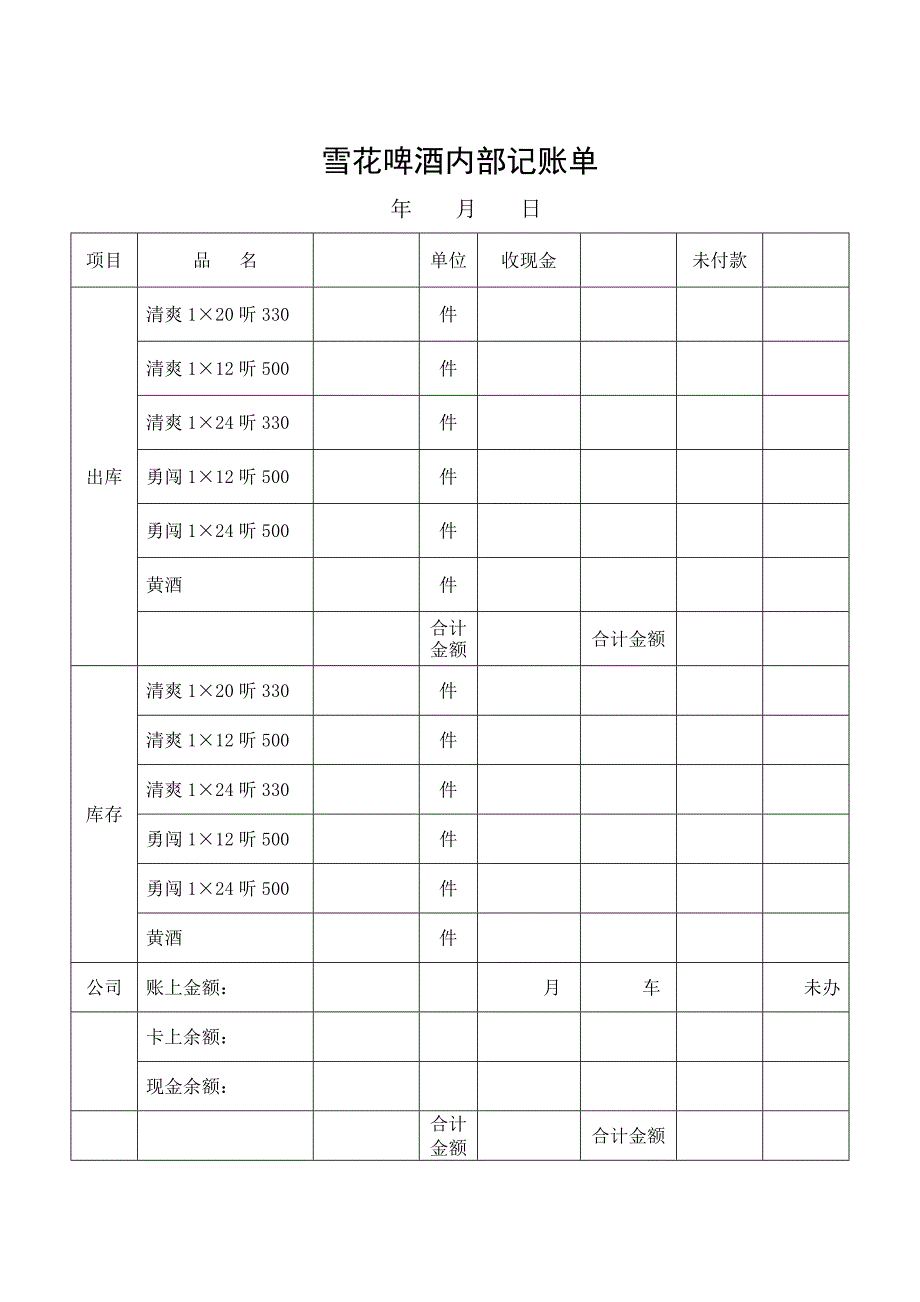 雪花啤酒内部记帐单_第1页