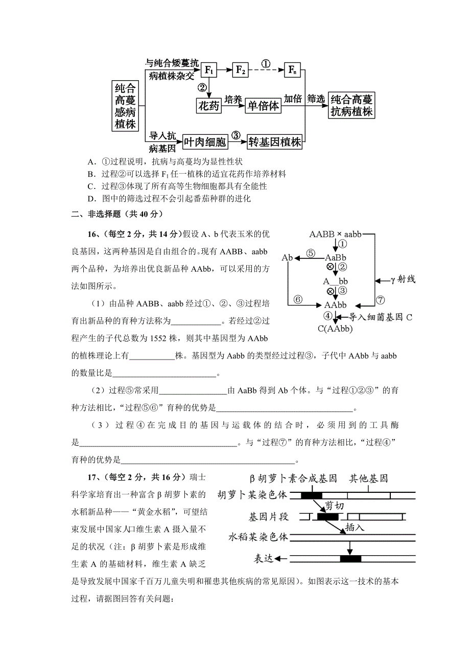 高三生物第一轮复习   必修二  第六章《从杂交育种到基因工程》单元测试卷_hooker_第3页