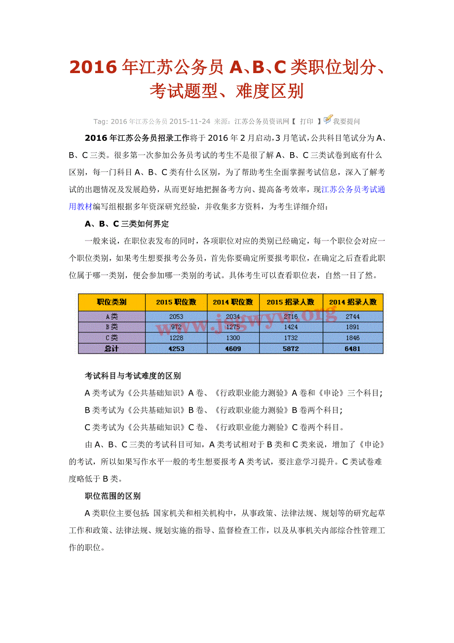 2016年江苏公务员A、B、C类职位划分、考试题型、难度区别_第1页