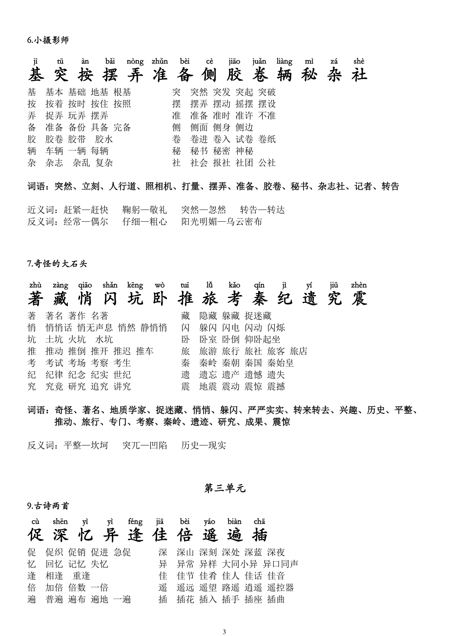 必会+人教版三年级语文上册生字带拼音、组词、近义词、反义词+_第3页