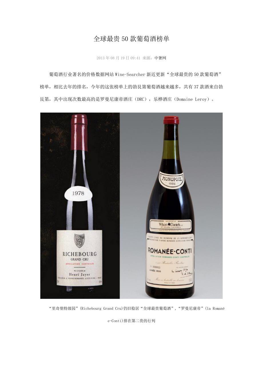 全球最贵50款葡萄酒榜单_第1页