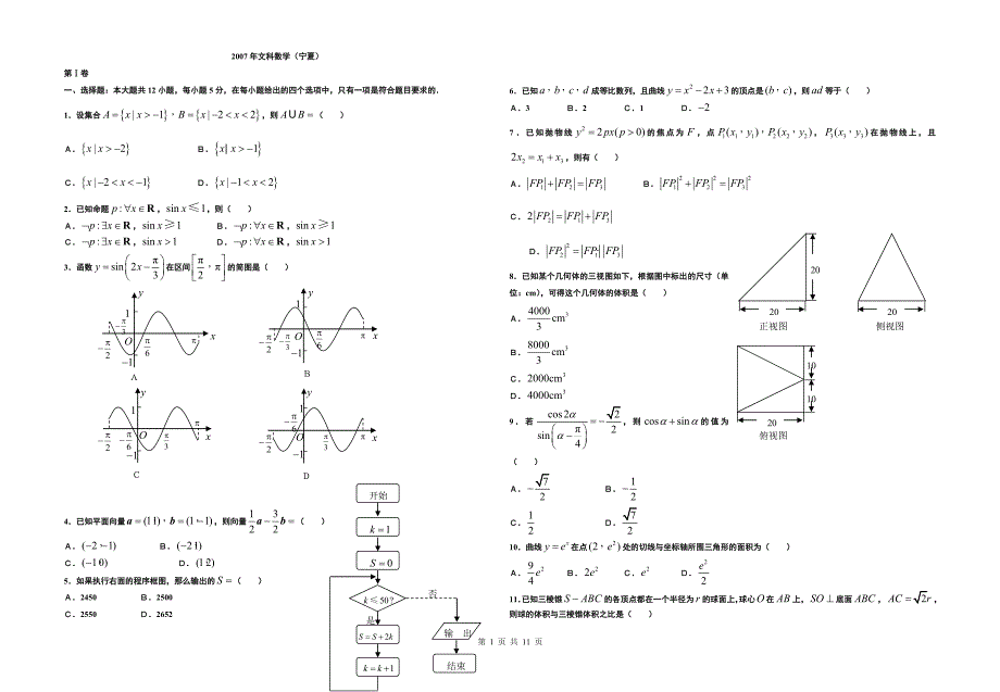 2007-2011年数学宁夏高考   无答案_第1页