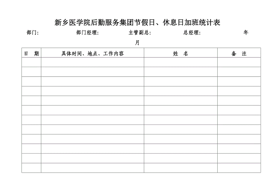 新乡医学院后勤服务集团节假日、休息日加班统计表_第1页