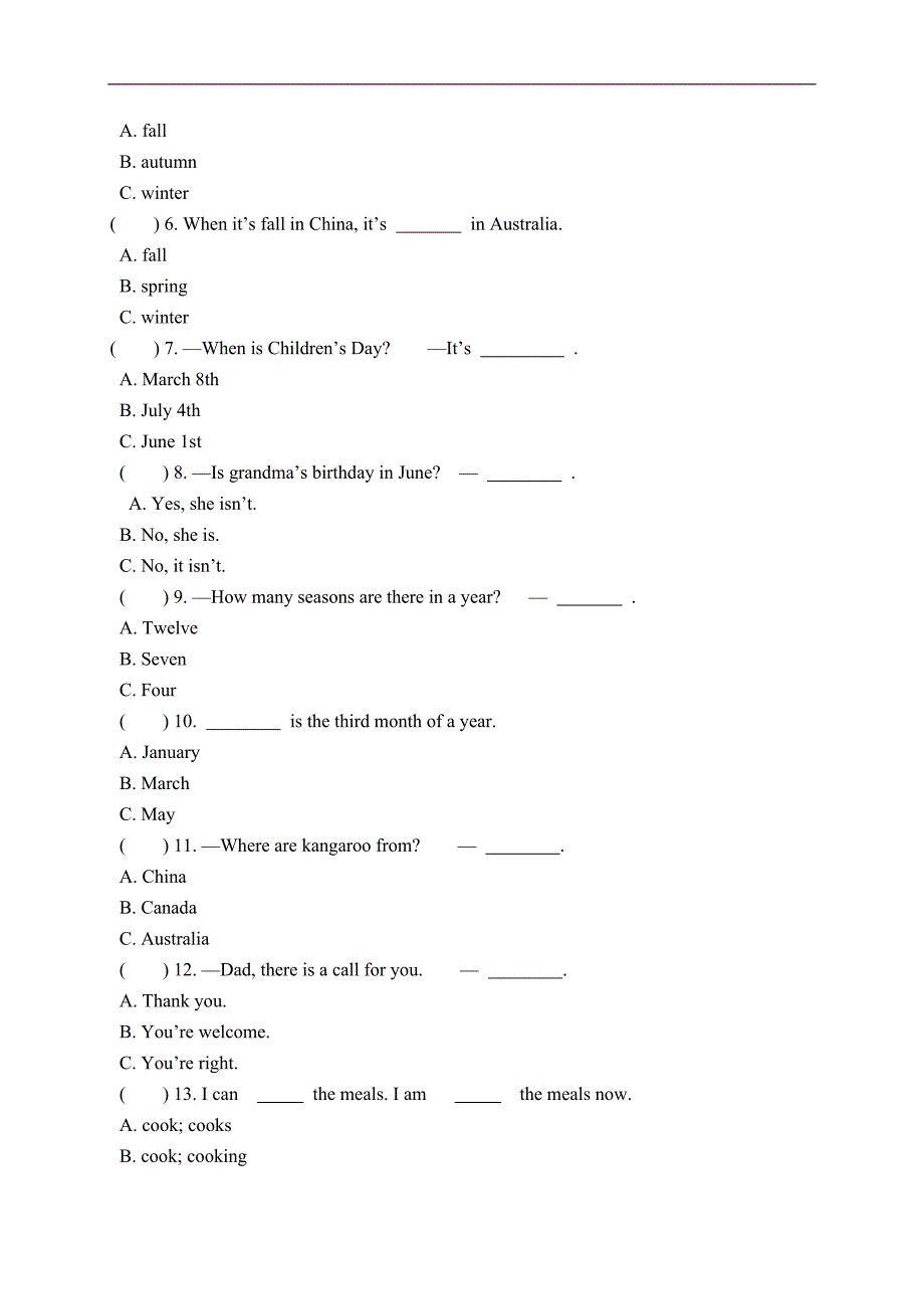 （人教PEP）五年级英语上册 Unit 4-6 单元测试 3_第3页