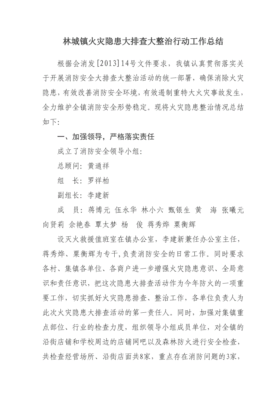 林城镇火灾隐患大排查大整治行动工作总结_第1页