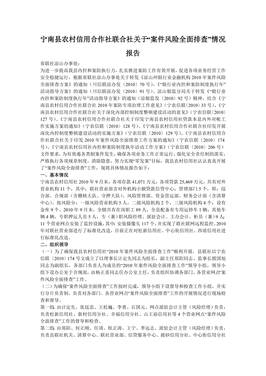 宁南县农村信用合作社联合社关于“案件风险全面排查”情况报告_第1页