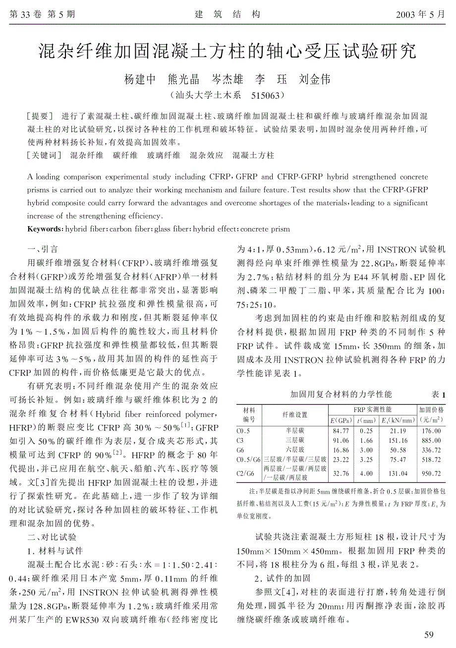 混杂纤维加固混凝土方柱的轴心受压试验研究_第1页