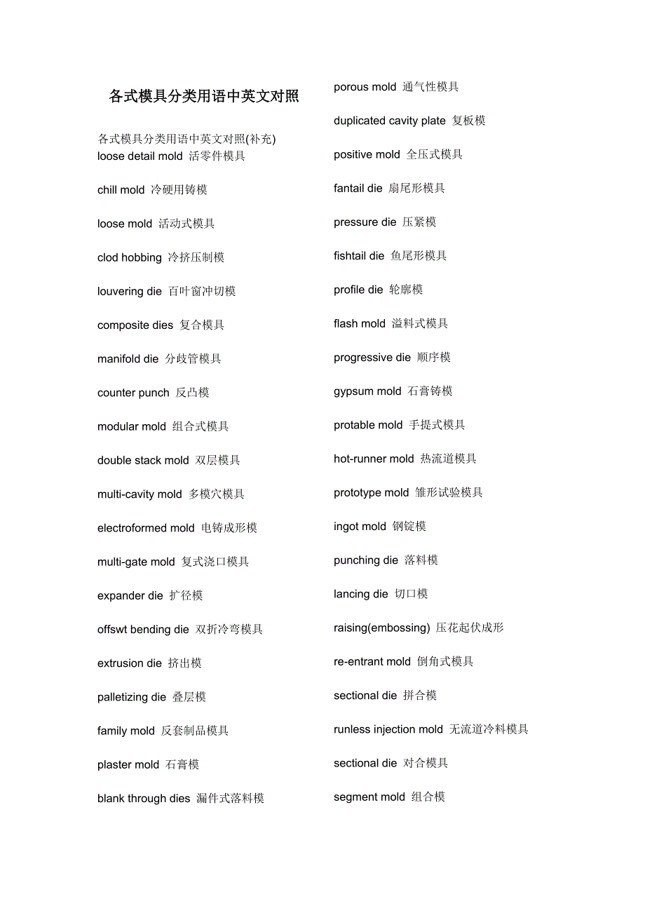 模具分类用语中英文对照_第1页