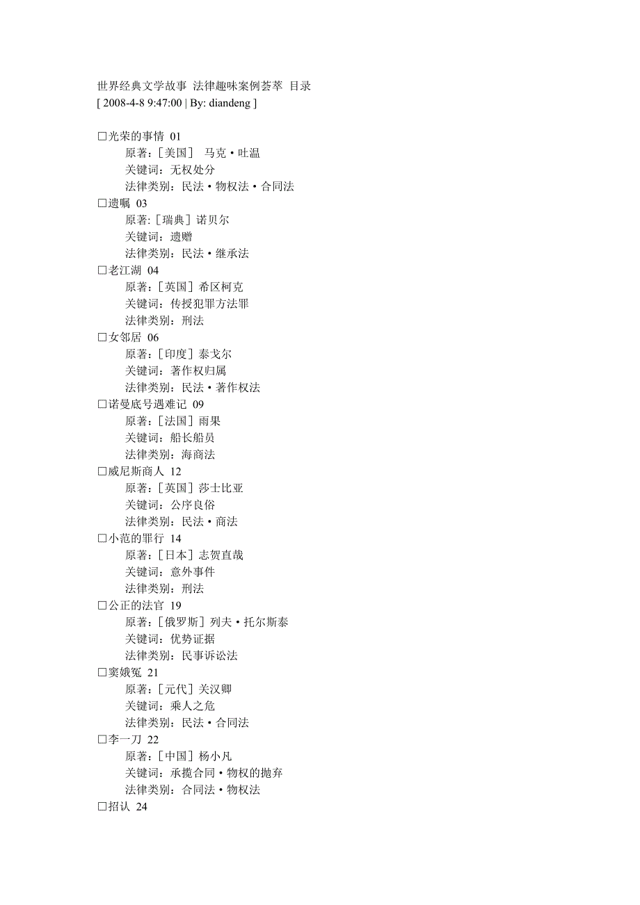 世界经典文学故事法律趣味案例荟萃目录_第1页