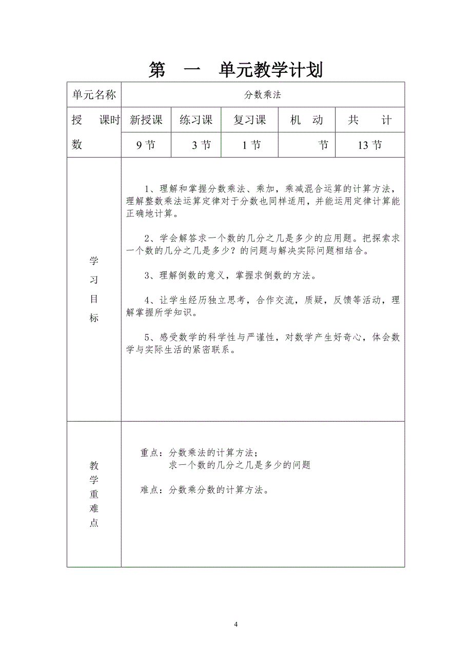 人教版六年级上期数学计划_第4页