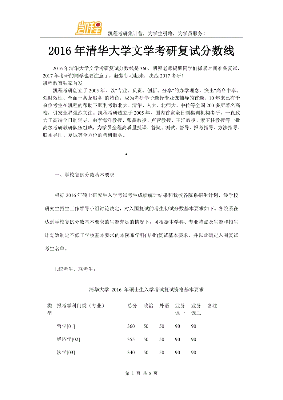 2016年清华大学文学考研复试分数线_第1页