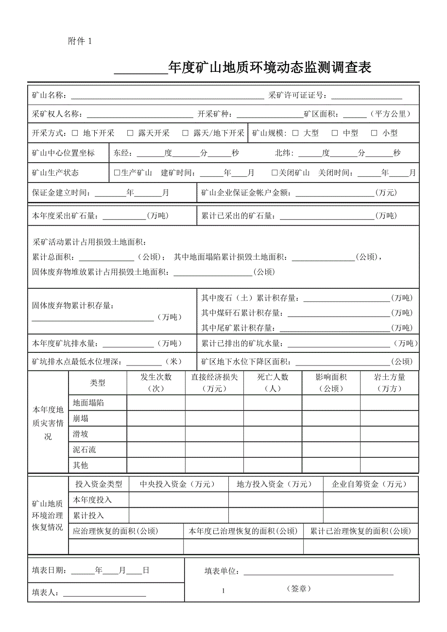 年度矿山地质环境动态监测调查表_第1页