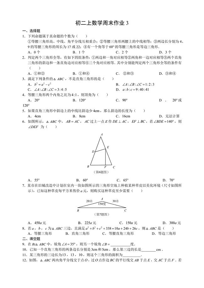 杭州市2015初二杭外全等三角形练习试卷