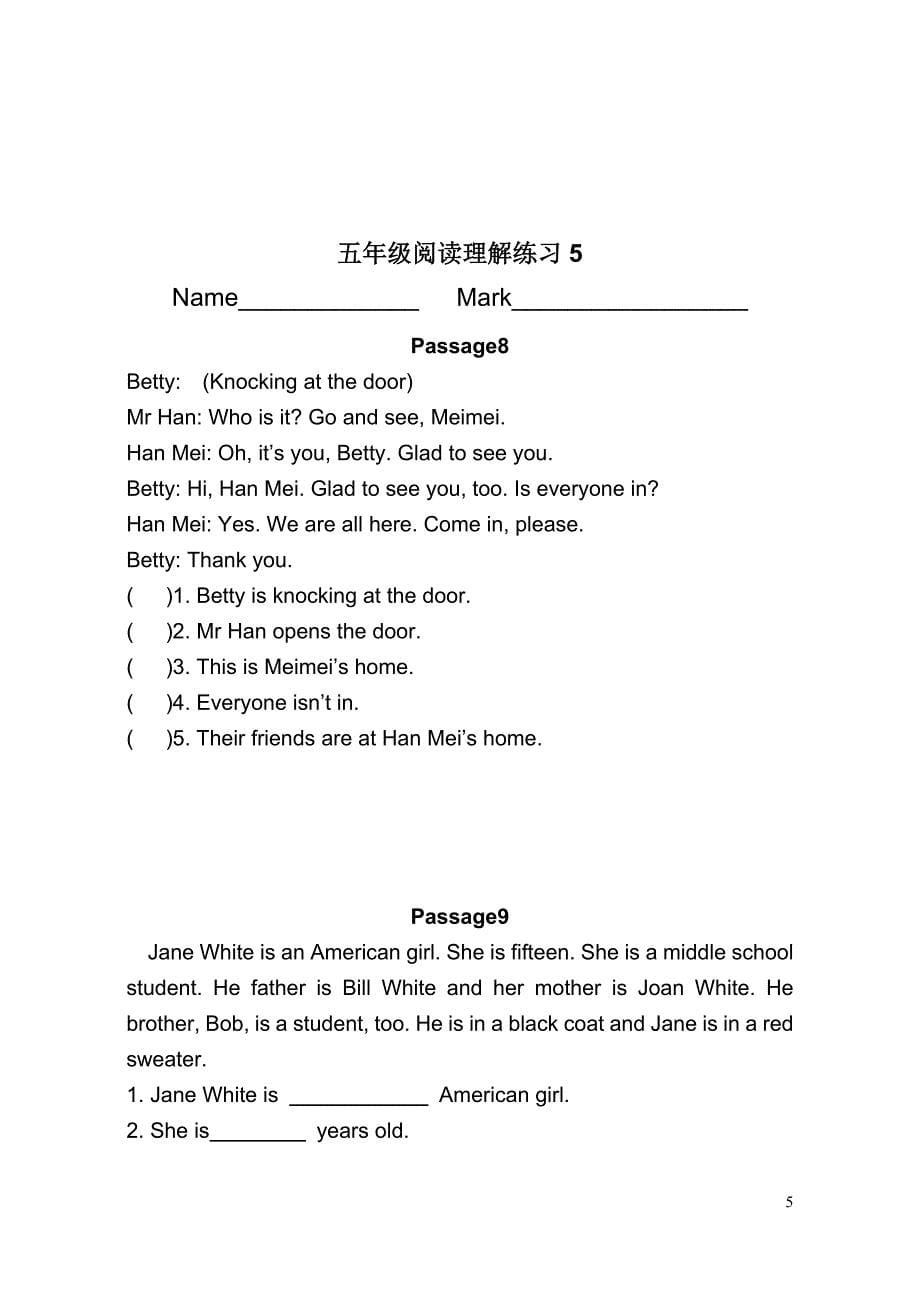英语同步练习题考试题试卷教案小学五年级英语阅读理解(1)_第5页