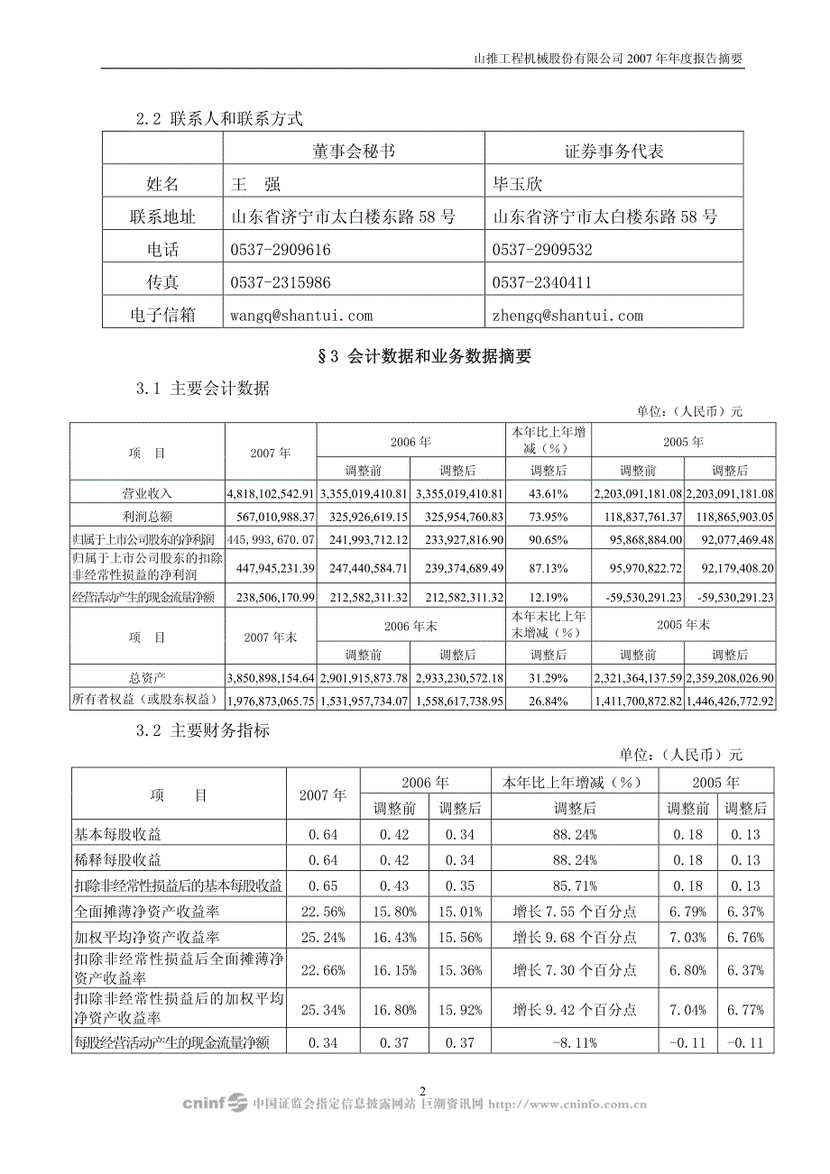 山推工程机械股份有限公司2007年年度报告摘要_第2页