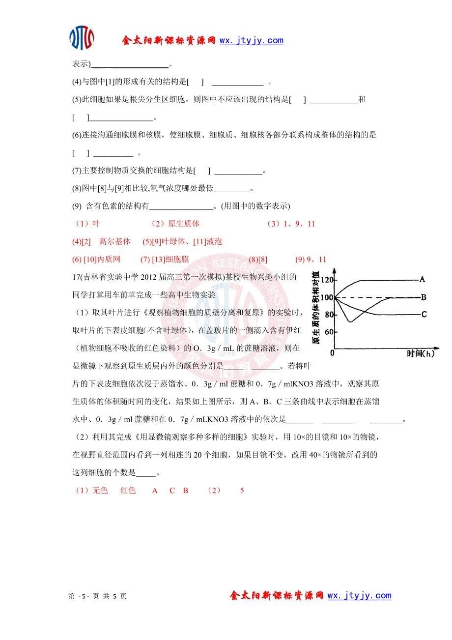 第四章 细胞的物质输入和输出 单元练习题(人教版必修1)_第5页