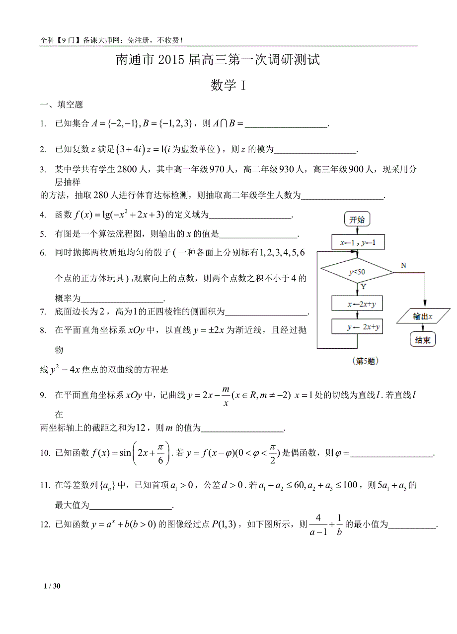 江苏省南通市2015届高三第一次调研测试数学试题及答案_第1页