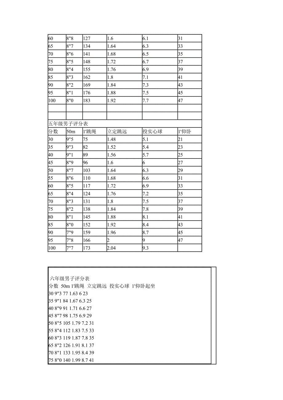 小学生体育达标评分表_第5页