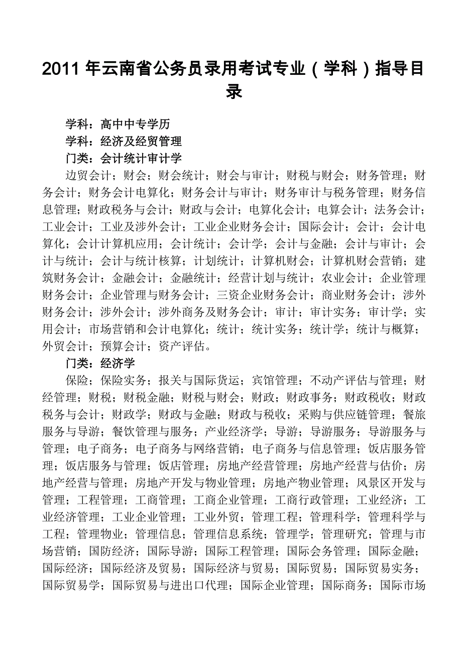 2011年云南省公务员录用考试专业_第1页