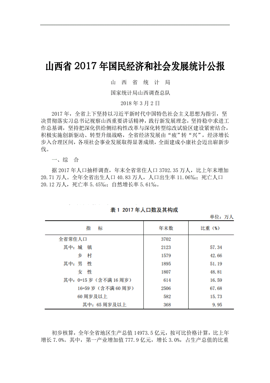 山西省2017年国民经济和社会发展统计公报完整版本山西日报发布稿_第1页