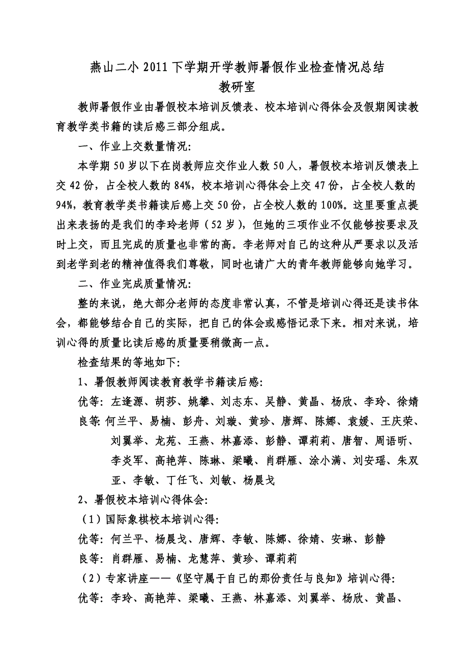 燕山二小下学期开学教师暑假作业检查情况总结_第1页