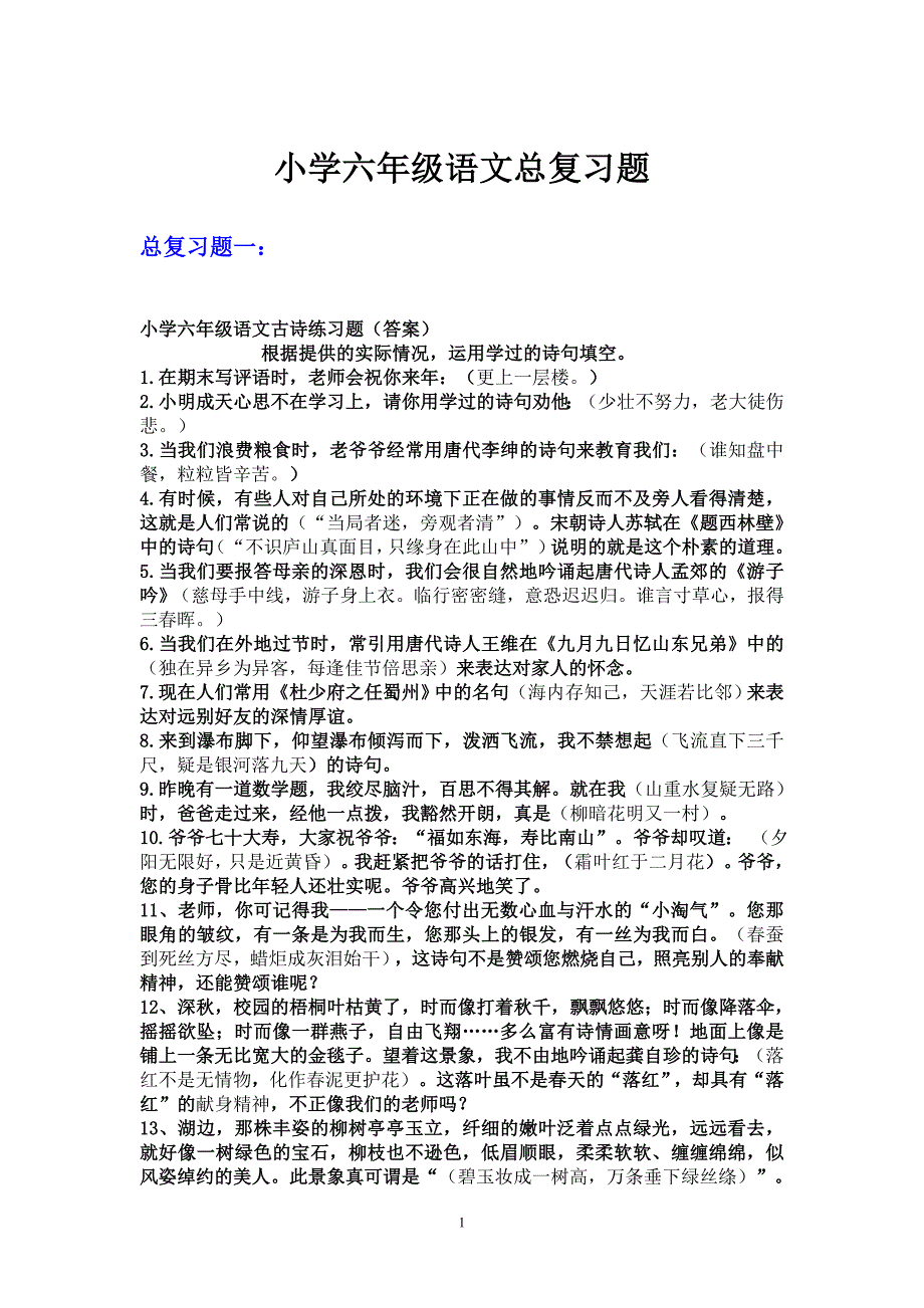 小学六年级小升初语文总复习题_第1页