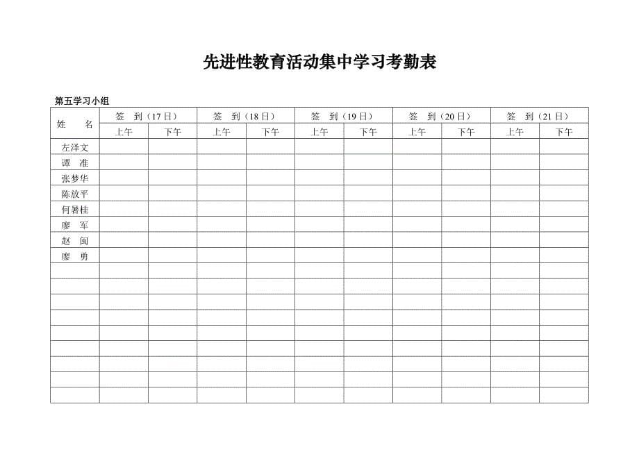 先进性教育活动集中学习考勤表_第5页