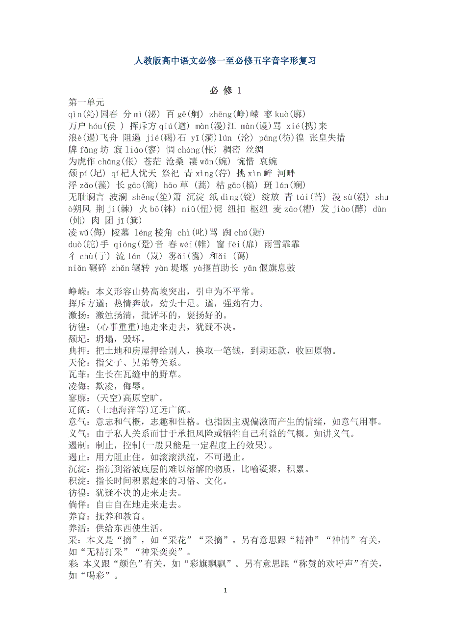 人教版本高中语文必修一至必修五字音字形复习_第1页