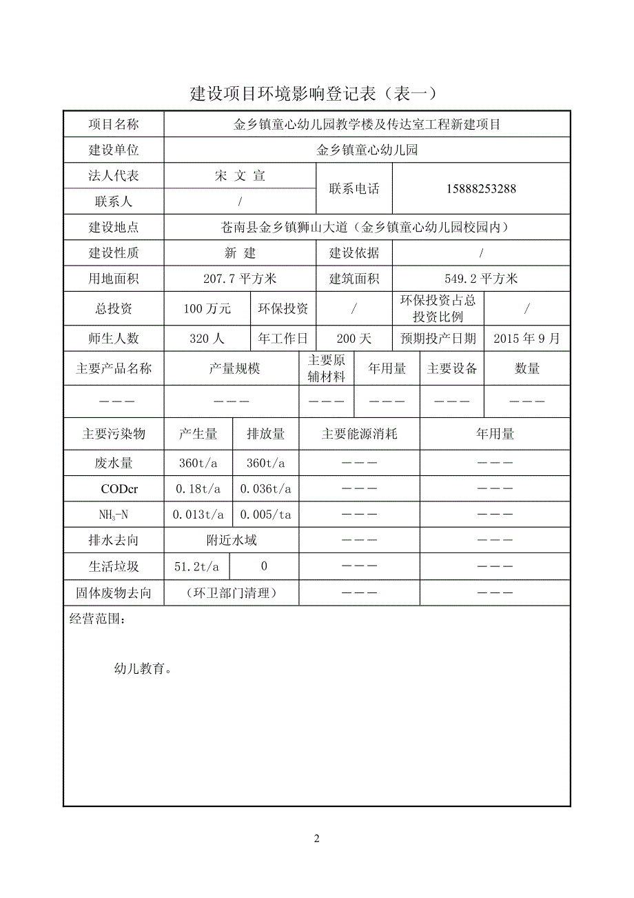 环境影响评价报告公示：金乡镇童心幼儿园教学楼及传达室工程新建环境影响登记表等审环评报告_第2页