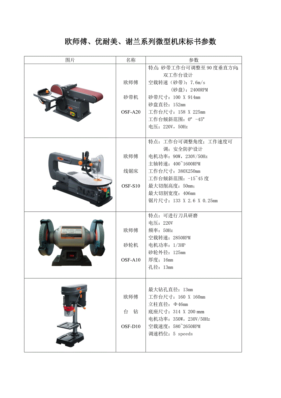 欧师傅、优耐美、谢兰系列微型机床标书参数_第1页