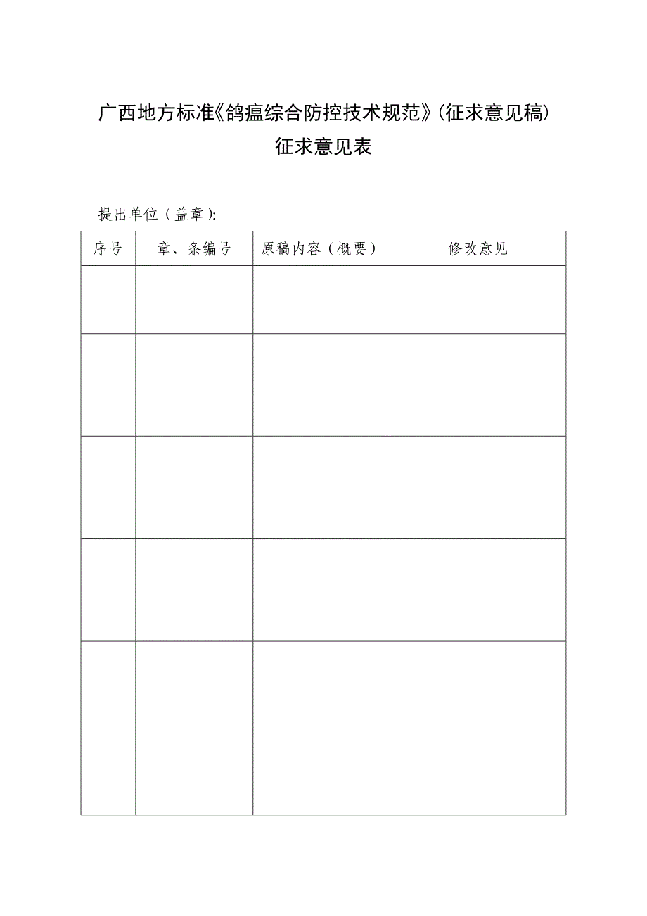 鸽瘟综合防控技术规范征求意见稿征求意见表_第1页