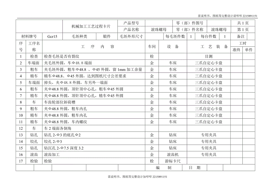 滚珠螺母加工_工艺工序卡_第1页