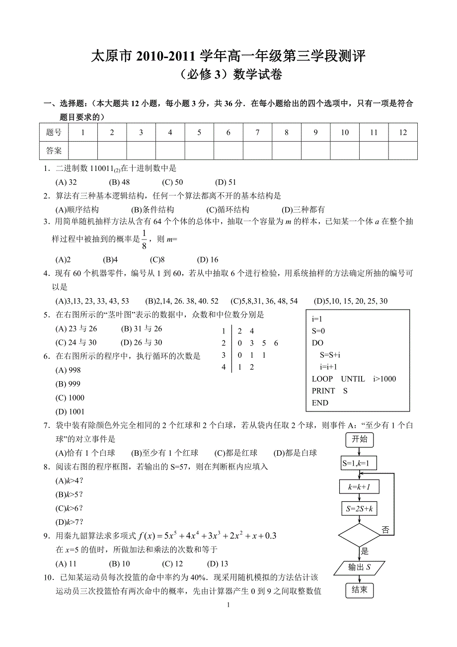 太原市2010-2011学年高一年级第二学段测评数学试卷((必修3含答案)_第1页