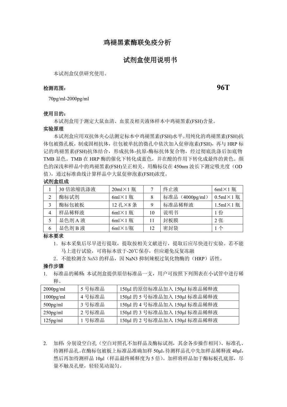 鸡褪黑素(FSH)Elisa试剂盒说明书_第1页