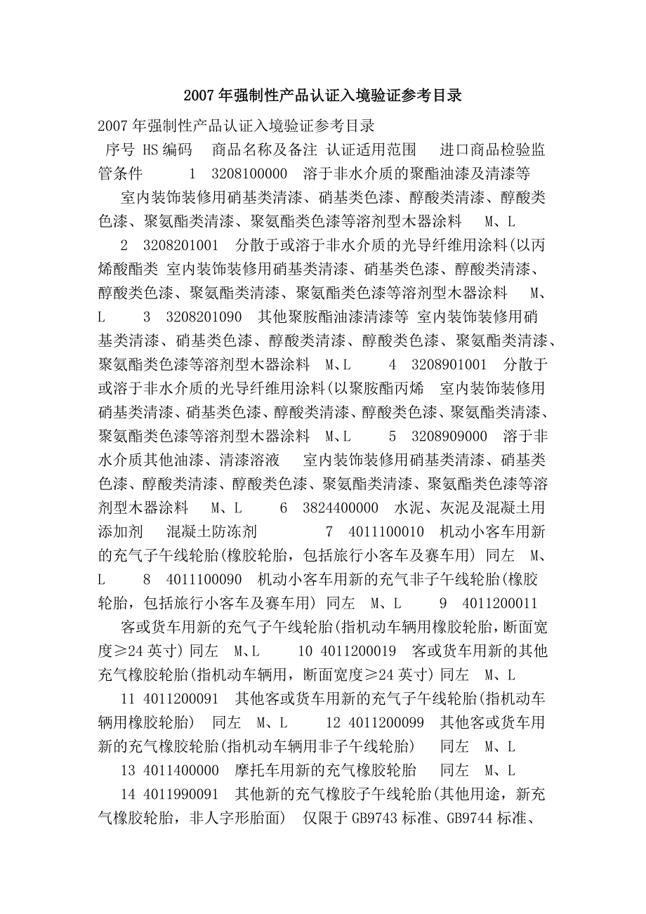 2007年强制性产品认证入境验证参考目录_第1页