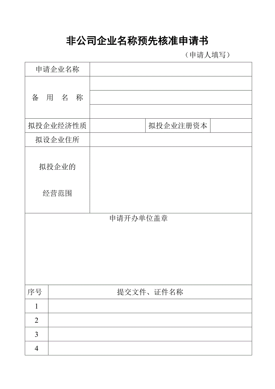 工商局表格-非公司企业名称预先核准申请书_第2页