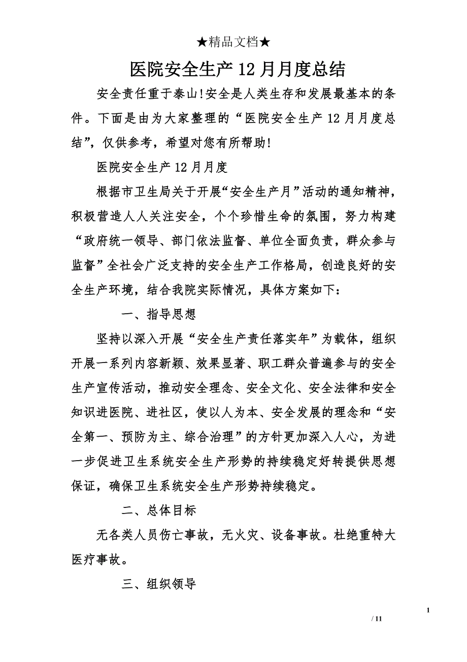 医院安全生产12月月度总结_第1页