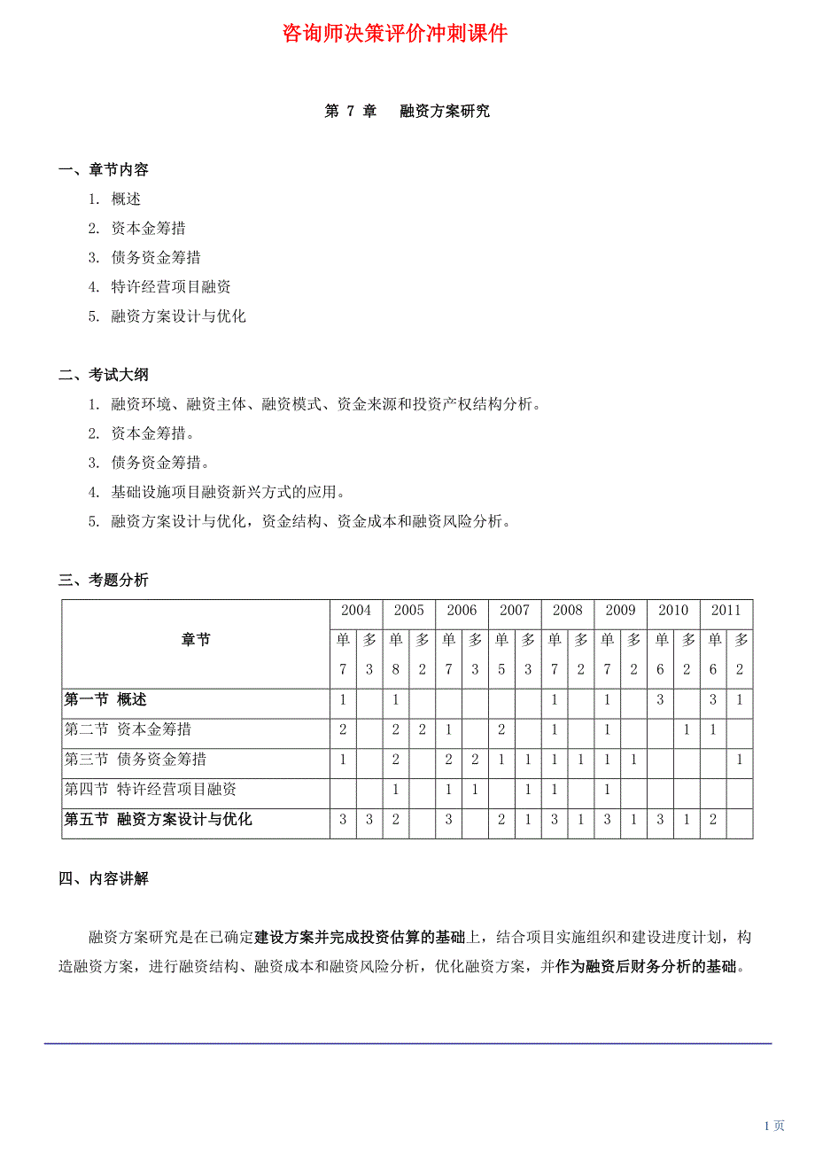 咨询师决策评价冲刺课件第8讲 第七章融资方案研究(2012_第1页