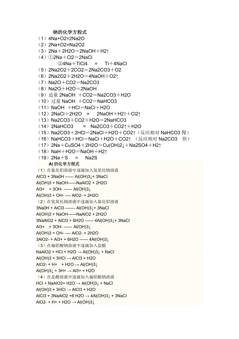 高中Na,fe,al化学方程式_第1页